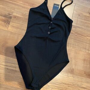 NWT Nasty Gal Black Ribbed Bodysuit with Button Detail